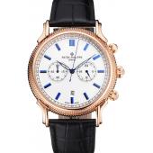 Cheap Patek Philippe Chronograph White Dial Blue Markings Rose Gold Case Black Leather Strap