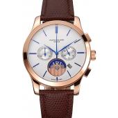 Cheap Patek Philippe Chronograph White Dial Rose Gold Case Brown Leather Strap