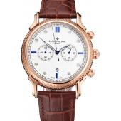 Replica Patek Philippe Chronograph White Dial With Blue And Diamond Markings Rose Gold Case Brown Leather Strap