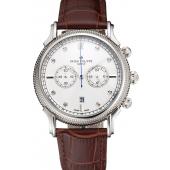 Cheap Patek Philippe Chronograph White Dial With Diamonds Stainless Steel Case Brown Leather Strap