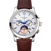 Patek Philippe Chronograph White Guilloche Dial Blue Hands Stainless Steel Case Brown Leather Strap