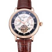 Cheap Patek Philippe  Tourbillon Power Reserve Black And White Dial Rose Gold Case Brown Leather Strap