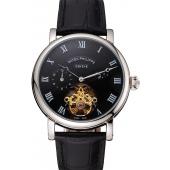 Patek Philippe Complications Moonphase Tourbillon Black Dial Stainless Steel Case Black Leather Strap