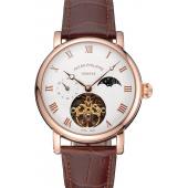 Patek Philippe Complications Moonphase Tourbillon White Dial Rose Gold Case Brown Leather Strap