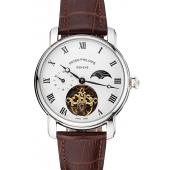 Patek Philippe Complications Moonphase Tourbillon White Dial Stainless Steel Case Brown Leather Strap