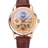 Patek Philippe Dual Time Moonphase Tourbillon Gold Skeletonised Dial Rose Gold Case Brown Leather Strap