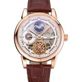 Replica Patek Philippe Dual Time Moonphase Tourbillon White Skeletonised Dial Rose Gold Case Brown Leather Strap