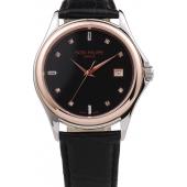 Patek Philippe Geneve Calatrava Crystal Studded Hour Marker Black Dial Black Leather Strap 98169