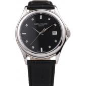 Patek Philippe Geneve Calatrava Crystal Studded Hour Marker Black Dial Black Leather Strap 98170