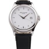 Patek Philippe Geneve Calatrava Crystal Studded Hour Marker White Dial Black Leather Strap