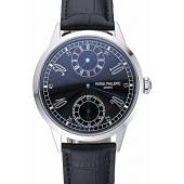 Patek Philippe Geneve Two Dial Black Dial Stainless Steel Bezel Black Leather Band  622145