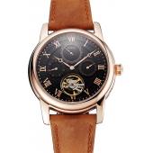 Cheap Patek Philippe Grand Complications Day Date Tourbillon Black Dial Rose Gold Case Brown Suede Leather Strap 1453814