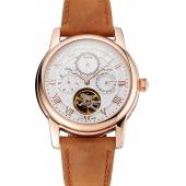 Patek Philippe Grand Complications Day Date Tourbillon White Dial Rose Gold Case Brown Suede Leather Strap 1453813