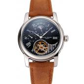 Patek Philippe Grand Complications GMT Moonphase Tourbillon Black Dial Stainless Steel Case Brown Suede Leather Strap 1453822