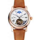 Replica Patek Philippe Grand Complications GMT Moonphase Tourbillon White Dial Rose Gold Case Brown Suede Leather Strap 1453819