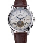 Patek Philippe Grand Complications Stainless Steel Case White Dial Roman Numerals Brown Leather Strap 622254