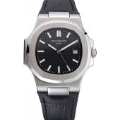 Patek Philippe Nautilus Black Dial Brushed Stainless Steel Case Black Leather Strap Replica