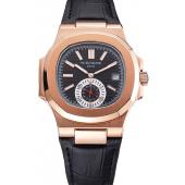 Patek Philippe Nautilus Black Dial Rose Gold Case Black Leather Strap