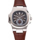 Patek Philippe Nautilus Gray Dial Stainless Steel Case Brown Leather Strap