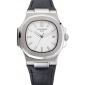 Replica Patek Philippe Nautilus White Dial Brushed Stainless Steel Case Black Leather Strap