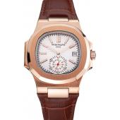 Patek Philippe Nautilus White Dial Rose Gold Case Brown Leather Strap