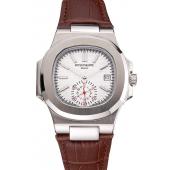 Patek Philippe Nautilus White Dial Stainless Steel Case Brown Leather Strap