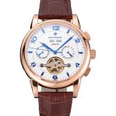 Patek Philippe Perpetual Calendar Tourbillon White Dial Rose Gold Case Brown Leather Strap