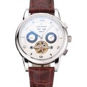 Patek Philippe Perpetual Calendar Tourbillon White Dial Stainless Steel Case Brown Leather Strap