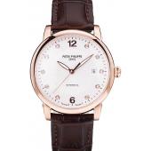 Patek Philippe Swiss Calatrava Polished Bezel White Dial Brown Leather Strap 7646