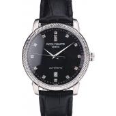 Patek Philippe Swiss Calatrava Ribbed Bezel Black Dial Black Leather Strap 7661 Replica