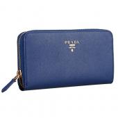 Replica Prada Saffiano Leather Zip Around Dark Blue Wallet