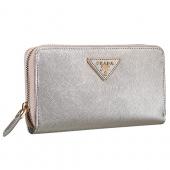 Prada Saffiano Leather Zip Around Small Silver Wallet