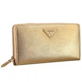 Prada Vernice Saffiano Leather Zip Around Gold Wallet Replica