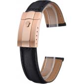 Replica Rolex Black Leather with Rose Gold Clasp Bracelet  622498