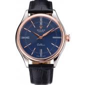 Replica Rolex Cellini Blue Dial Gold Bezel Stainless Steel Case Black Leather Strap  622841