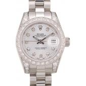 Replica Rolex DateJust Brushed Stainless Steel Diamond Plated Case White Dial Diamond Plated Bezel