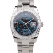 Rolex Datejust Polished Stainless Steel Dark Blue Flowers Dial Diamond Plated