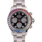 Cheap Rolex Daytona Cosmograph Rainbow Crystals Bezel Stainless Steep Strap Black Dial 80250