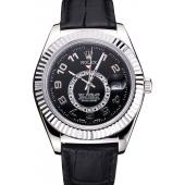 Replica Rolex Sky Dweller Black Dial Stainless Steel Case Black Leather Strap