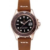 Rolex Yacht Master Black Dial Brown Bezel Rose Gold Case Brown Leather Bracelet 1453860