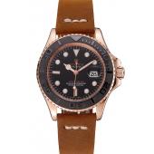 Rolex Yacht Master Black Dial Rose Gold Case Brown Leather Bracelet 1453861