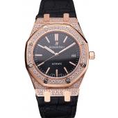 Swiss Audemars Piguet Royal Oak Black Dial Gold Case With Diamonds Black Leather Strap