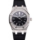 Swiss Audemars Piguet Royal Oak Black Dial Steel Case With Diamonds Black Leather Strap