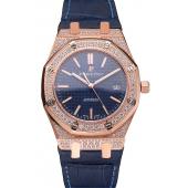 Swiss Audemars Piguet Royal Oak Blue Dial Gold Case With Diamonds Blue Leather Strap