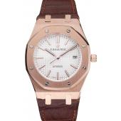 Swiss Audemars Piguet Royal Oak White Dial Gold Case Brown Leather Strap