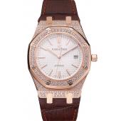 Cheap Swiss Audemars Piguet Royal Oak White Dial Gold Case With Diamonds Brown Leather Strap