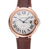 Cheap Swiss Ballon Blue De Cartier Gold Case White Dial Roman Numerals Brown Leather Bracelet   622651