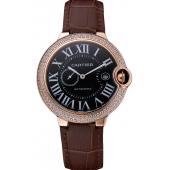 Swiss Cartier Ballon Bleu Diamond Case Black Dial Brown Leather Bracelet  622679