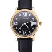 Swiss Cartier Ronde Solo Black Dial Gold Diamond Case Black Leather Strap