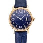 Swiss Cartier Ronde Solo Blue Dial Gold Diamond Case Blue Leather Strap